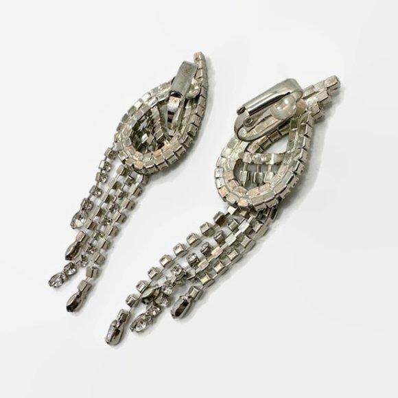 Rhinestone Earrings, Prong Set, Vintage, Sparkling, 3" Long, Clip Ons, Clear - Picture 3 of 4